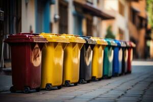 Stadt Recycling Behälter ausrichten Hintergrund mit leeren Raum zum Text foto