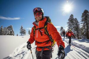 Ski patrouillieren demonstrieren Kreuz Land Skifahren Techniken zum alpin Rettung Missionen foto