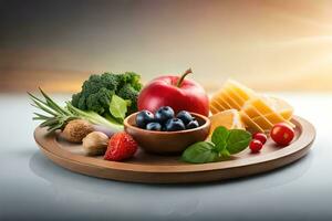 ein Teller mit Früchte und Gemüse auf Es. KI-generiert foto