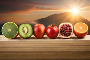 Obst und Gemüse im ein Reihe auf ein hölzern Tisch. KI-generiert foto