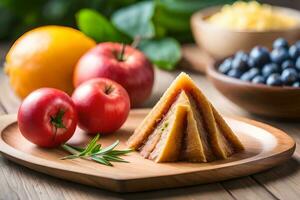 ein Stück von Kuchen mit Obst und Gemüse auf ein hölzern Tisch. KI-generiert foto