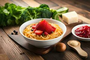 ein Schüssel von Pasta mit Erdbeeren und Tomaten auf ein hölzern Tisch. KI-generiert foto