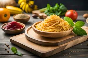 Spaghetti mit Tomate Soße und Basilikum Blätter auf hölzern Schneiden Tafel. KI-generiert foto