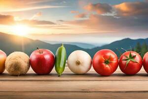 Tomaten, Pfeffer, und andere Gemüse sind vereinbart worden im ein Linie. KI-generiert foto