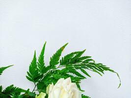 hölzern Hintergrund oder Weiß Wände dekoriert mit Weiß Blumen und Grün Blätter mit Weiß Raum foto