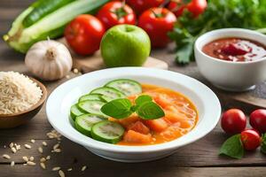 ein Schüssel von Suppe mit Gurken, Tomaten und Reis. KI-generiert foto