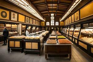 ein Bäckerei mit viele von Essen auf Anzeige. KI-generiert foto