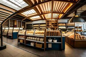 ein Bäckerei mit viele von Brot und andere gebacken Waren. KI-generiert foto