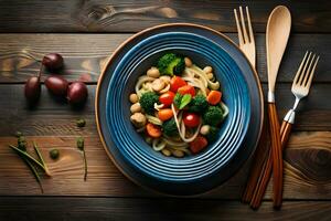 Pasta mit Gemüse und Bohnen auf hölzern Tisch. KI-generiert foto