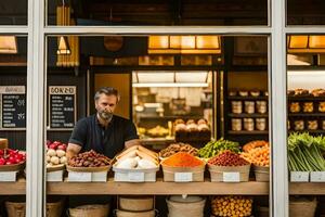 ein Mann ist Stehen im Vorderseite von ein Geschäft mit ein Vielfalt von Früchte und Gemüse. KI-generiert foto