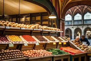 ein Markt mit viele von Gemüse und Früchte. KI-generiert foto