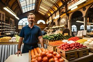 ein Mann Stehen im ein Markt mit ein Vielfalt von Gemüse. KI-generiert foto
