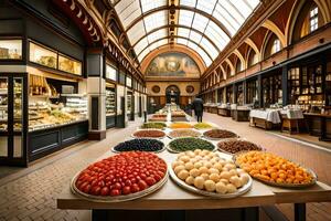 ein groß Markt mit viele von Essen auf Anzeige. KI-generiert foto