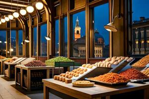 ein groß öffnen Markt mit viele von Essen auf Anzeige. KI-generiert foto