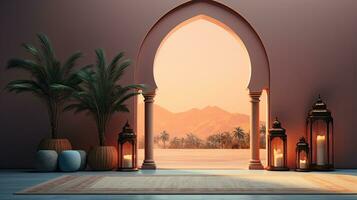 Hintergrund zum das islamisch Urlaub von Ramadan im ein minimalistisch Stil, mit ein Podium, mit Sonnenlicht, im Licht Beige zart Schatten und Elemente von Natur. ai generiert foto