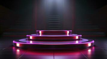 Neon- Podium im hell psychedelisch Farben mit Hintergrundbeleuchtung. im y2k Stil. ai generativ foto