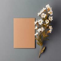 Attrappe, Lehrmodell, Simulation mit ein Weiß Karte und Blumen im ein minimalistisch Boho style.ai generativ foto
