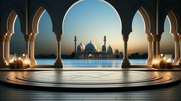 Podium Hintergrund im Ramadan Urlaub Minimalismus Stil . orientalisch Arabisch Design mit Schatten von Beige Farben. ai generativ foto