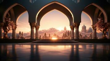 Podium Hintergrund im Ramadan Urlaub Minimalismus Stil . orientalisch Arabisch Design mit Schatten von Beige Farben. ai generativ foto