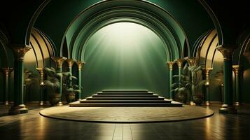Grün Podium mit Beige Elemente im Arabisch minimalistisch Stil. Podium im das Stil von Ramadan, eid mubarak.ai generiert foto