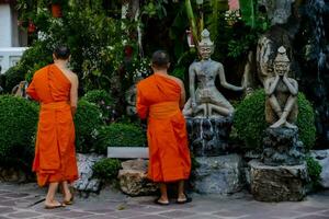 zwei Mönche im Orange Roben Stehen in der Nähe von ein Brunnen foto