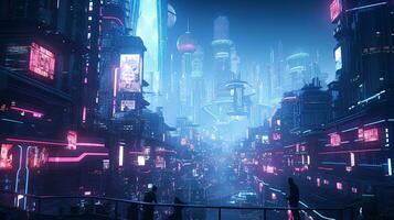 Person Aussicht von das Straße von ein detailliert Cyberpunk Stadt mit viele Beleuchtung foto