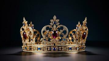 detailliert Königin Krone gemacht von Gold isoliert auf das einfach Hintergrund, dekoriert mit kostbar Juwelen foto