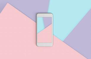 Telefon mit bunt Bildschirm auf oben Sicht, Hintergrund im Pastell- Farben. foto