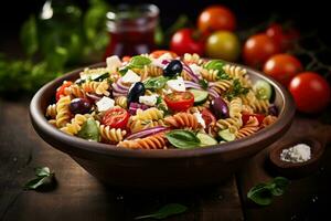 Mittelmeer Pasta Salat mit beschwingt Gemüse, Oliven, und Feta Käse foto