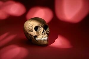 realistisch Modell- von ein Mensch Schädel mit Zähne auf ein rot entdeckt Hintergrund. medizinisch Wissenschaft oder Halloween Grusel Konzept. foto