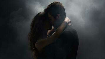 jung Paar im Liebe küssen auf ein schwarz Hintergrund mit Rauch und Nebel generativ ai foto