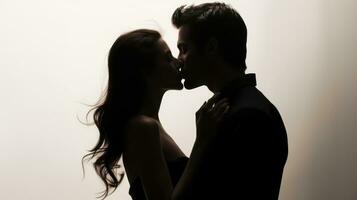 Silhouette von jung Paar küssen auf ein Licht Hintergrund, Studio Schuss generativ ai foto