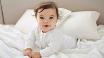 Porträt von ein süß wenig Baby auf das Bett beim heim. generativ ai foto