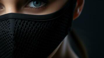 Nahansicht Porträt von ein Frau im ein schwarz Maske. das Konzept von Schutz gegen Viren und Bakterien. generativ ai foto