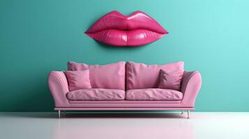 Lippen auf Rosa Sofa im modern Innere. 3d Illustration. generativ ai foto