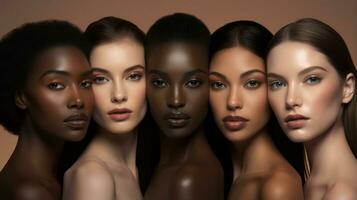 Gruppe von multiethnisch Frauen mit anders Haut Töne. 3d Rendern generativ ai foto