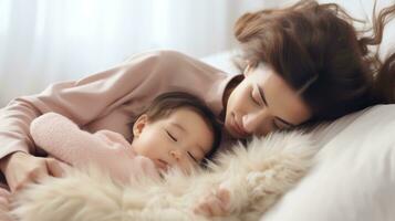 schön jung Mutter und ihr wenig Tochter Schlafen zusammen auf das Bett beim Zuhause generativ ai foto