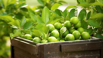 frisch gepflückt Limette Obst von Garten platziert im das Boxen. generativ ai foto