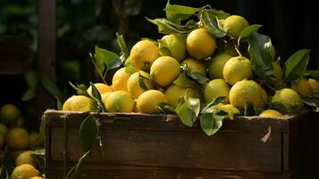 frisch gepflückt Yuzu Obst von Garten platziert im das Boxen. generativ ai foto