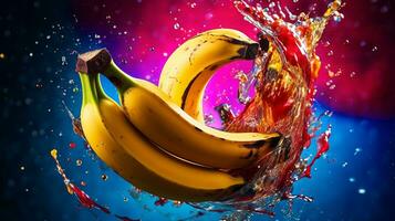 Foto von Banane Obst Hälfte gegen ein bunt abstrakt Hintergrund. generativ ai