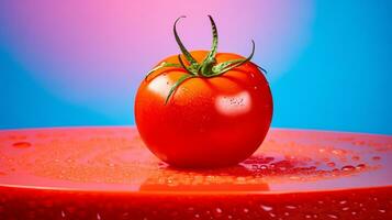 Foto von Tomate Obst Hälfte gegen ein bunt abstrakt Hintergrund. generativ ai