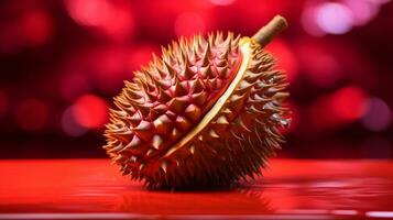 Foto von rot Durian Obst Hälfte gegen ein bunt abstrakt Hintergrund. generativ ai