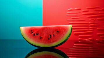 Foto von Wassermelone Obst Hälfte gegen ein bunt abstrakt Hintergrund. generativ ai