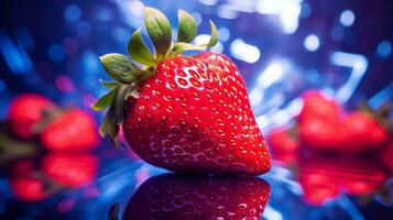 Foto von Erdbeere Obst Hälfte gegen ein bunt abstrakt Hintergrund. generativ ai