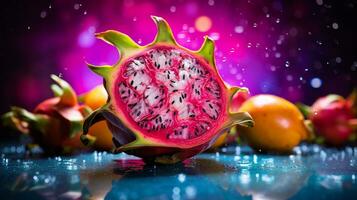 Foto von Pitaya Obst Hälfte gegen ein bunt abstrakt Hintergrund. generativ ai