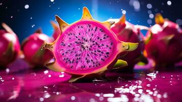 Foto von Pitaya Obst Hälfte gegen ein bunt abstrakt Hintergrund. generativ ai