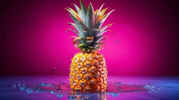 Foto von Ananas Obst Hälfte gegen ein bunt abstrakt Hintergrund. generativ ai
