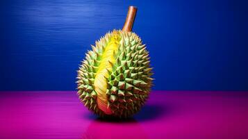 Foto von Durian Obst Hälfte gegen ein bunt abstrakt Hintergrund. generativ ai