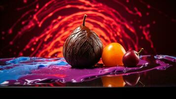 Foto von Schokolade Obst Hälfte gegen ein bunt abstrakt Hintergrund. generativ ai