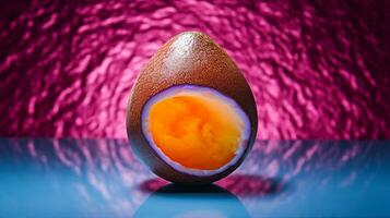Foto von Ei Obst Hälfte gegen ein bunt abstrakt Hintergrund. generativ ai